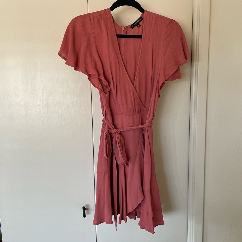 Cotton Candy Dusty Rose Pink Ruffle Tie Waist Lined Mini Dress Size S Wedding